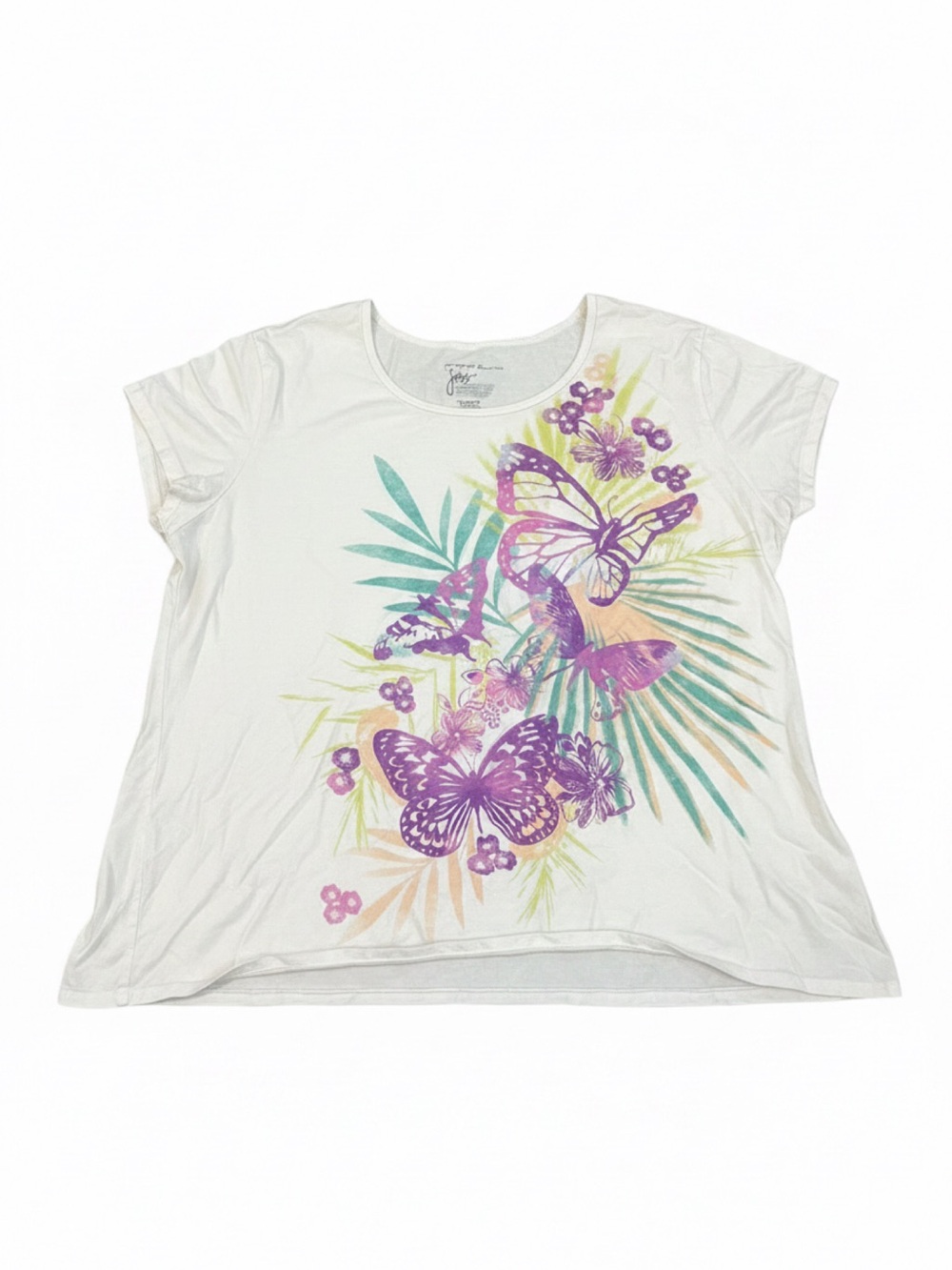Just My Size White Tee with Purple & Teal Butterfly Design